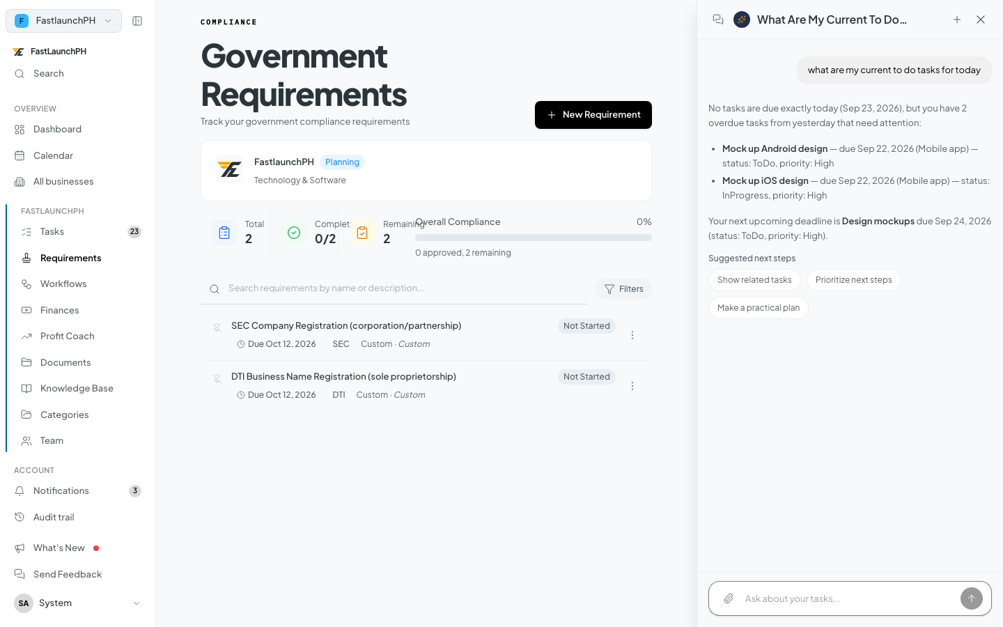 The Tamoogi assistant answering “what are my current to do tasks for today” with the overdue and upcoming tasks for one business, beside its suggestions for next steps.