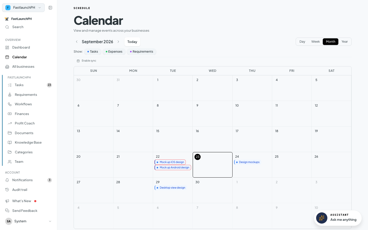 Calendar screen: a month grid of tasks, expenses, and requirements for one business.