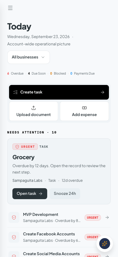 Tamoogi on a phone: the Today list and needs-attention items at a narrow width.