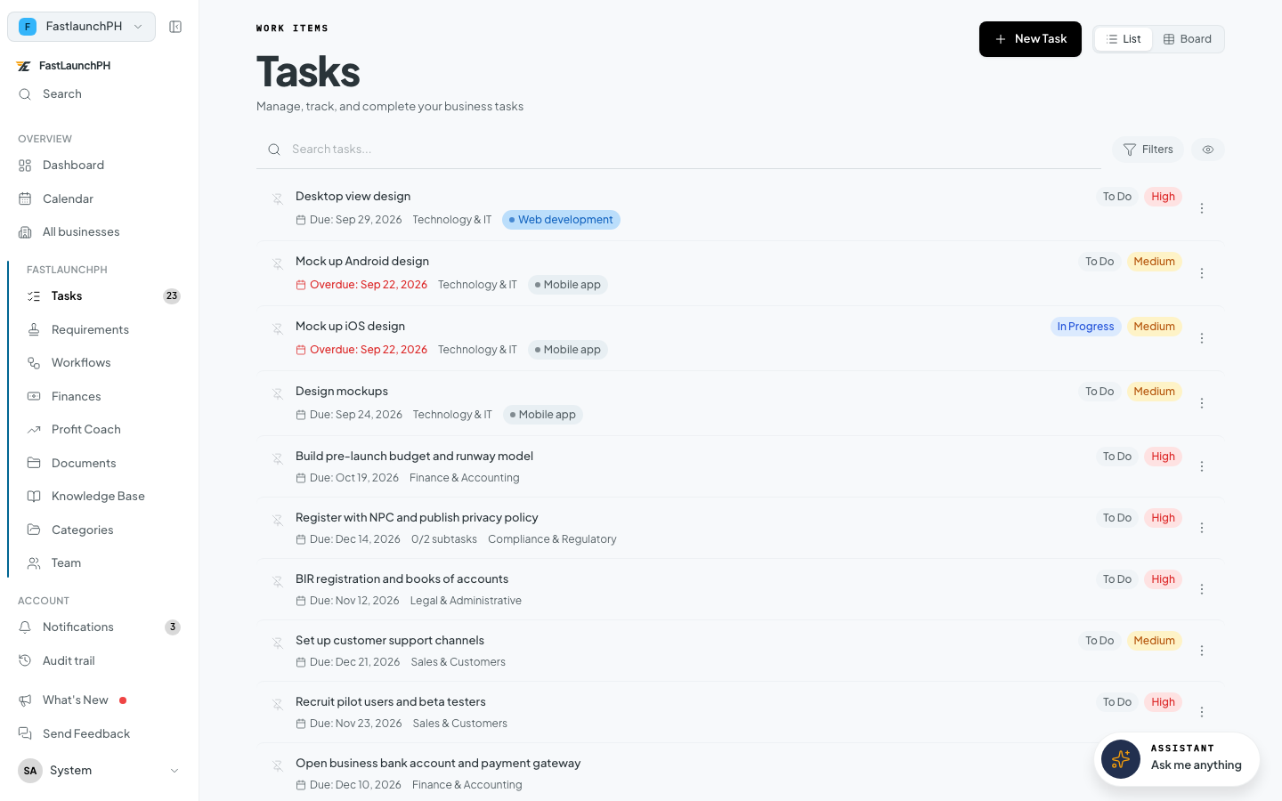 Tasks screen, board view: work items arranged in swimlanes from To Do through Ready, In Progress, Completed, and Blocked.
